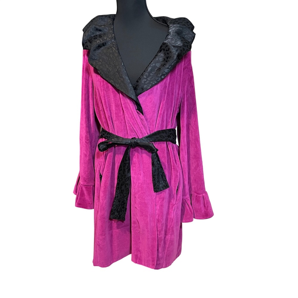 Betsey Johnson Intimates Fuscia Velour Robe Black Leopard Satin Trim Bell Sleeve